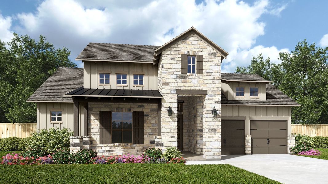 Representative exterior photo of a completed home built from the 519A by Britton Homes in Mustang Lakes, Celina, TX (Image 2). Representative exterior photo of a completed home built from the 519A by Britton Homes in Mustang Lakes, Celina, TX (Image 2).