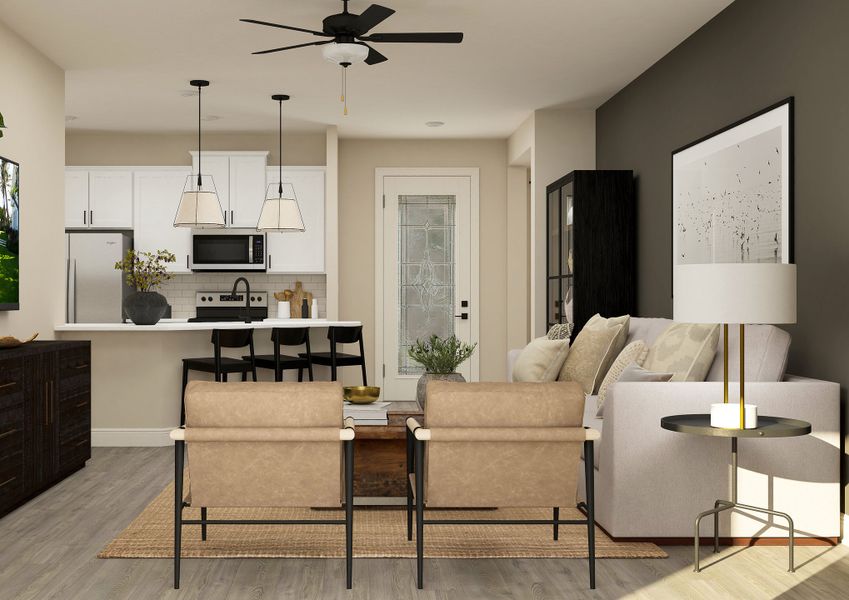 Rendering of a living room with the kitchen in the back. Rendering of a living room with the kitchen in the back.