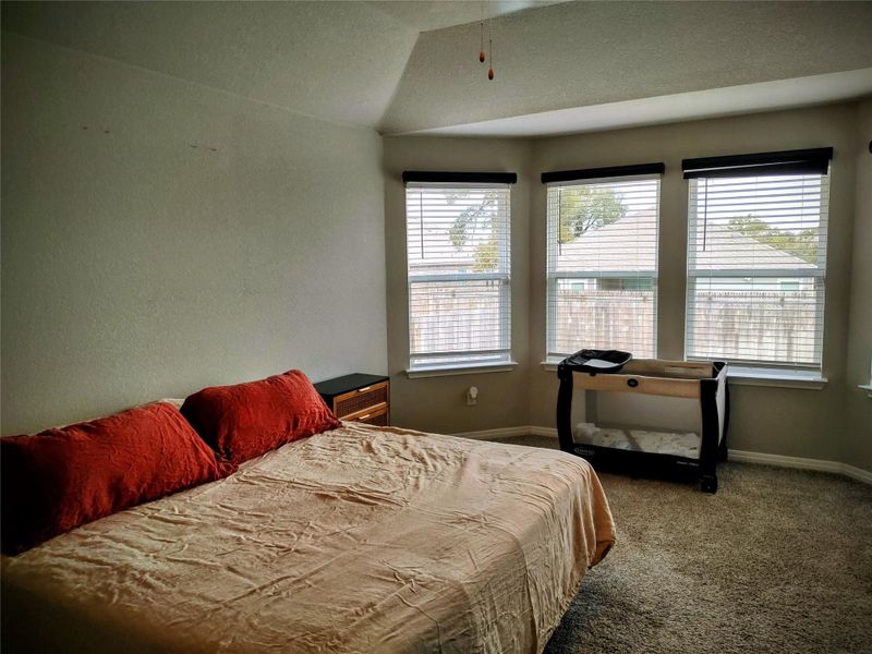 Bedroom featuring vaulted ceiling and  carpet