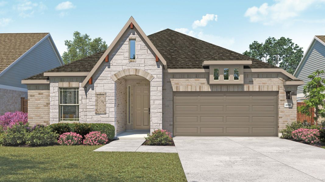 Representative exterior photo of a completed home built from the Oleander by DRB Homes in Whisper South, San Marcos, TX (Image 2). Representative exterior photo of a completed home built from the Oleander by DRB Homes in Whisper South, San Marcos, TX (Image 2).