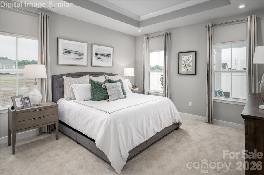 Retreat to your dream sanctuary—this cozy primary bedroom is a light-filled haven with walls of windows that welcome the sun. A stunning tray ceiling adds architectural charm, while its main-level location offers everyday ease. Wake up inspired, unwind in style, and let comfort wrap around you like a warm hug.