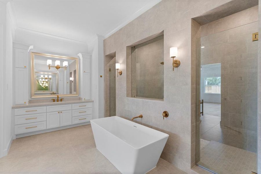 The neutral color palette of light tones adds to the clean, serene ambiance, making this bathroom a true oasis of relaxation and sophistication.