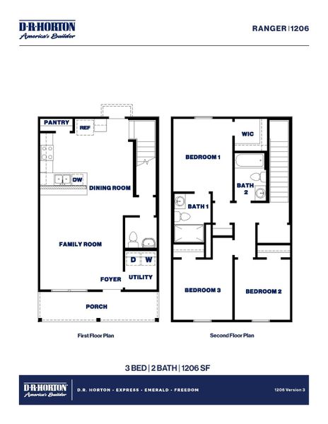 2D floor plan layout for the Ranger 1206 - 20' by D.R. Horton in Pineapple Square, Houston, TX (Image 3).