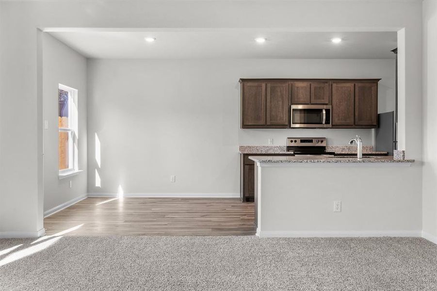 Kitchen featuring light stone countertops, light wood-type flooring, dark brown cabinets, stainless steel appliances, and sink