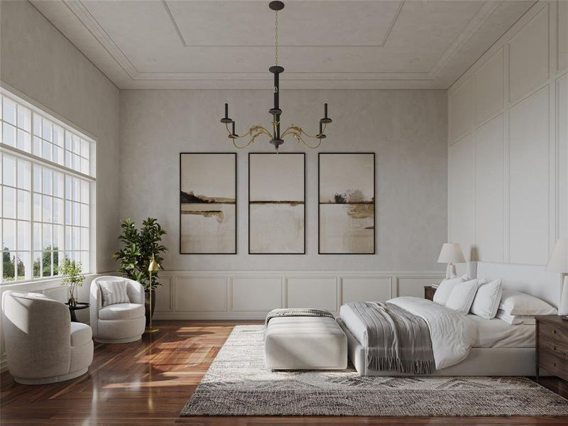 *Virtual Rendering* Behind the seating area is a spacious primary bedroom with beautiful floors, wood wall paneling, and an antique chandelier.