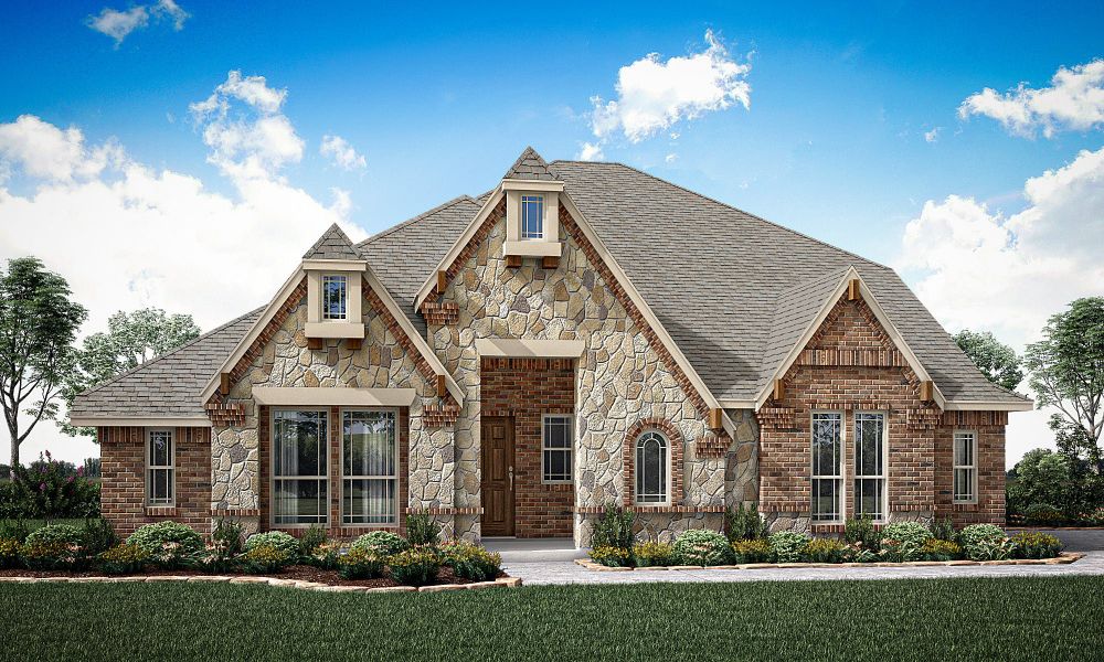 Single-story home with stone and brick exterior, steep pitched roof, and dormer windows, labeled Elevation T