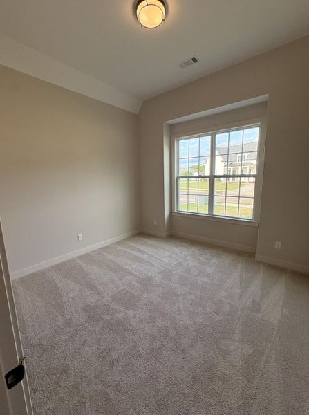Expansive room featuring plush grey carpeting, a large multi-pane window, and a contemporary ceiling light fixture
