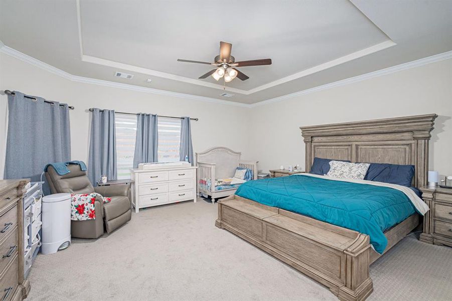 Bedroom with ceiling fan, a raised ceiling, ornamental molding, and light carpet