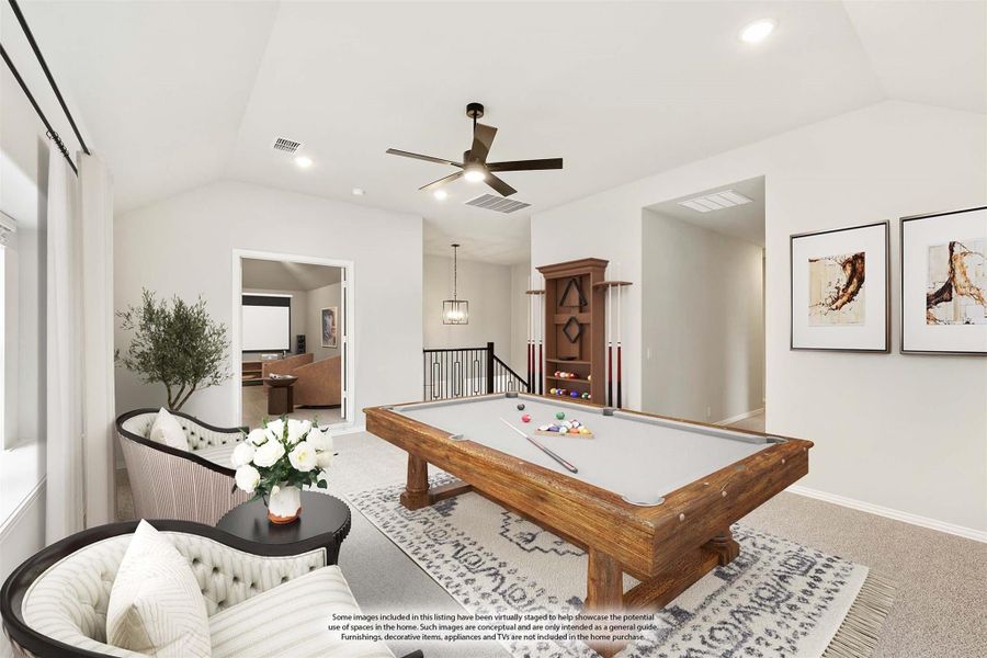 Game room with wood pool table, ceiling fan, seating area, and cue rack on carpeted floor Game room with wood pool table, ceiling fan, seating area, and cue rack on carpeted floor