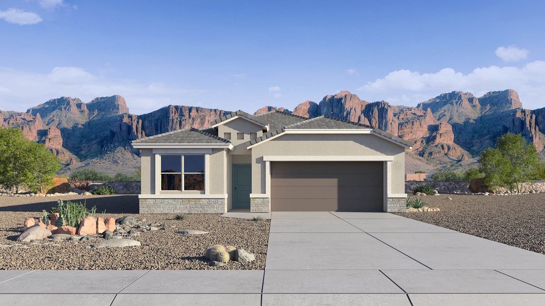 Front exterior of a new home in Heartland Ranch, Coolidge, AZ, highlighting curb appeal (Image 1). Front exterior of a new home in Heartland Ranch, Coolidge, AZ, highlighting curb appeal (Image 1).