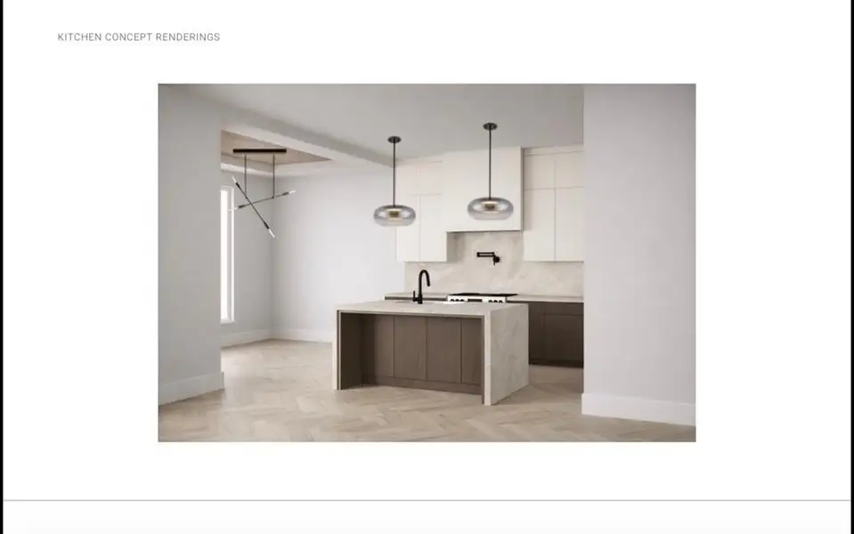 Modern kitchen featuring a waterfall island, herringbone wood-finish flooring, two-tone cabinetry, and contemporary pendant lighting