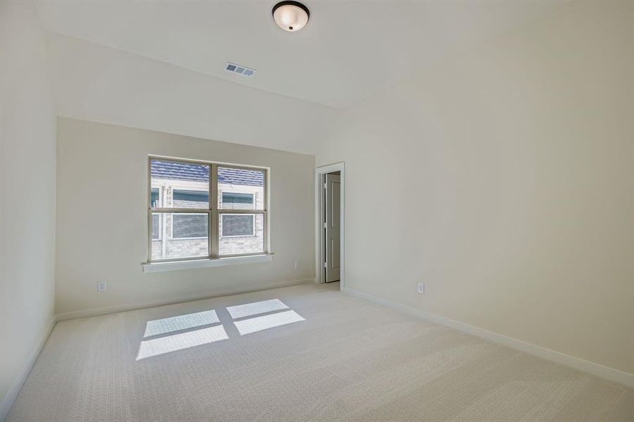 Empty room featuring carpet and lofted ceiling