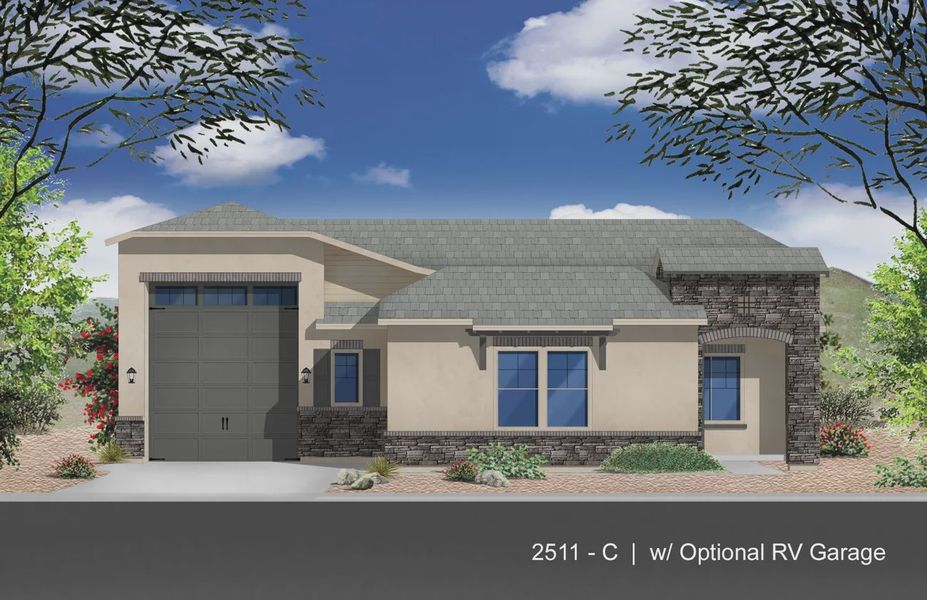 Front exterior of a new home in Valencia at Granite Vista, Waddell, AZ, highlighting curb appeal (Image 20).