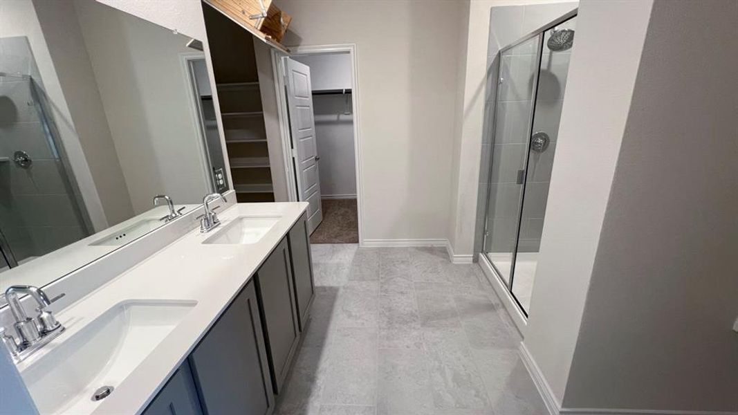 Full bath featuring a walk in closet, a shower stall, and double vanity