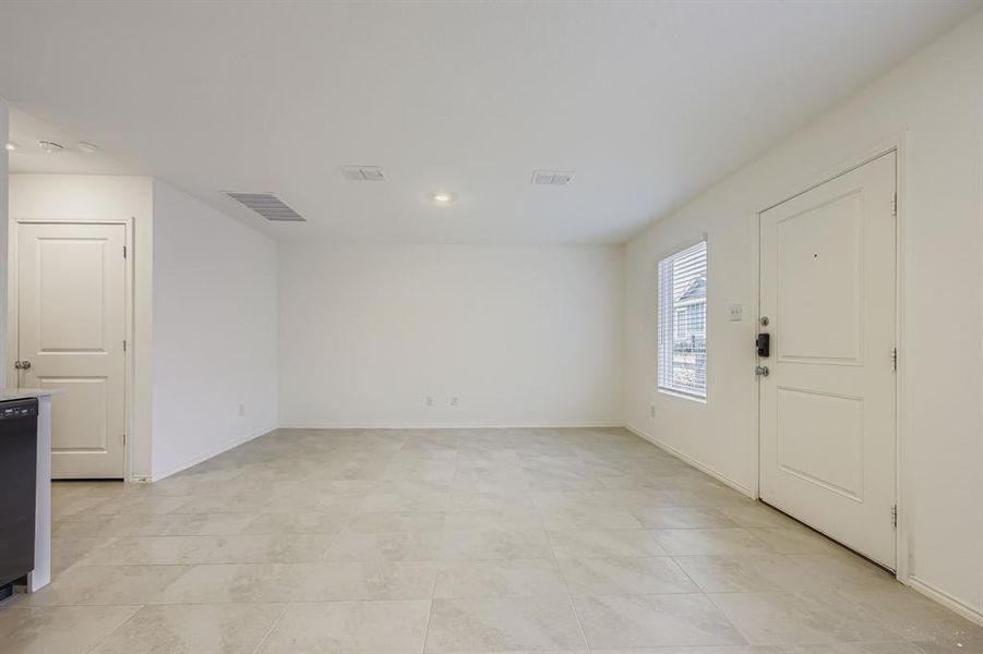Living room with oversized tile flooring