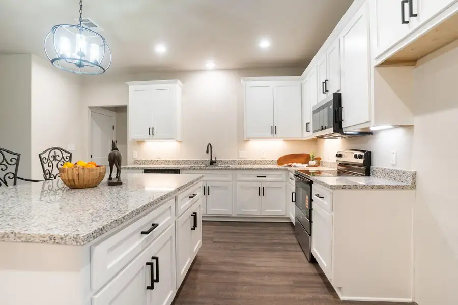 Kitchen featuring stainless steel appliances, a sink, white cabinets, dark wood-style flooring, and recessed lighting Kitchen featuring stainless steel appliances, a sink, white cabinets, dark wood-style flooring, and recessed lighting