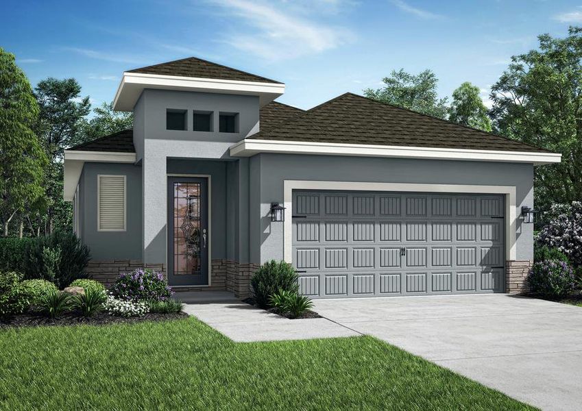 One-story home with front yard landscaping, a covered entryway and a two-car garage.