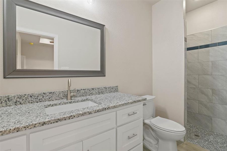 Bathroom featuring a tile shower, vanity, toilet, and hardwood / wood-style floors Bathroom featuring a tile shower, vanity, toilet, and hardwood / wood-style floors