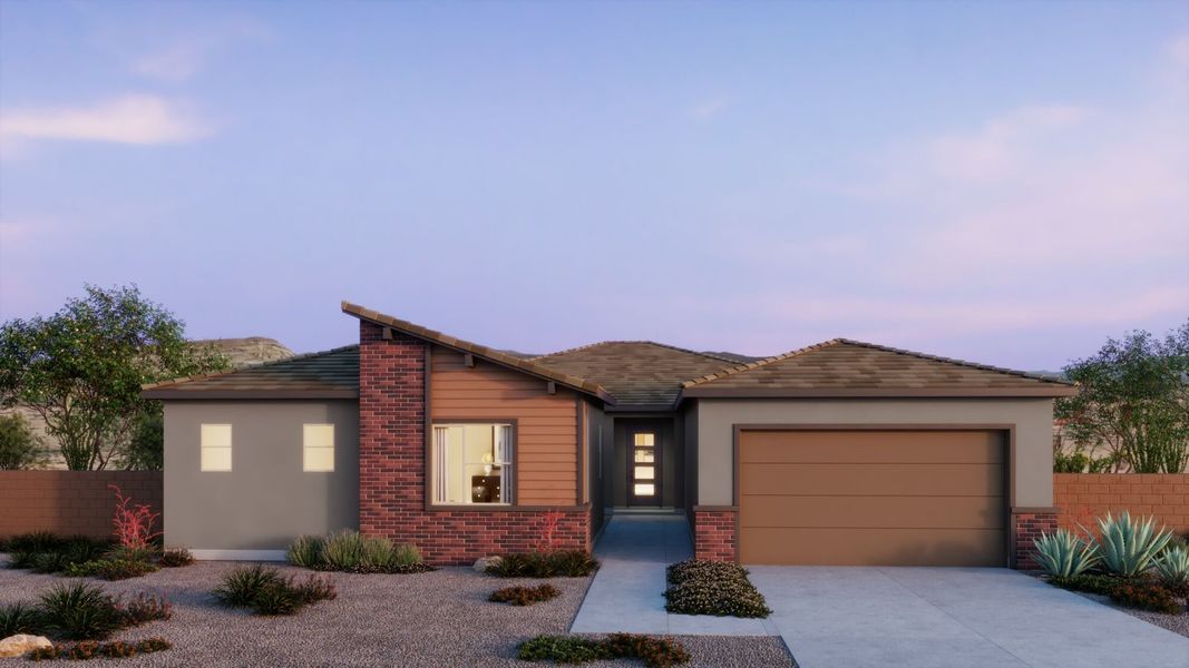 Front exterior of a new home in Saguaro Reserve II, Marana, AZ, highlighting curb appeal (Image 1). Front exterior of a new home in Saguaro Reserve II, Marana, AZ, highlighting curb appeal (Image 1).