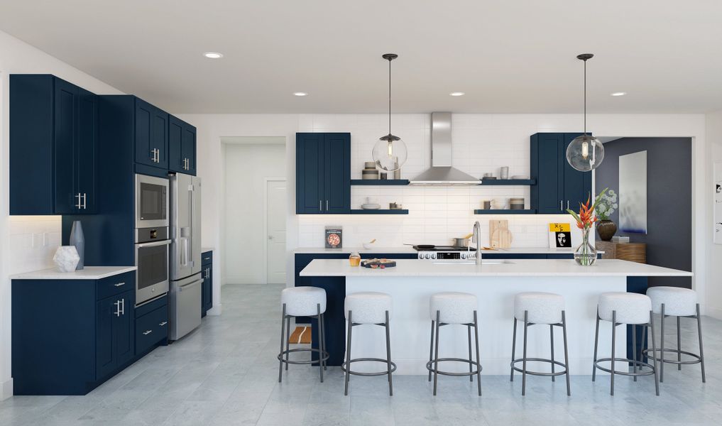 Kitchen with pendant lighting and floating shelves