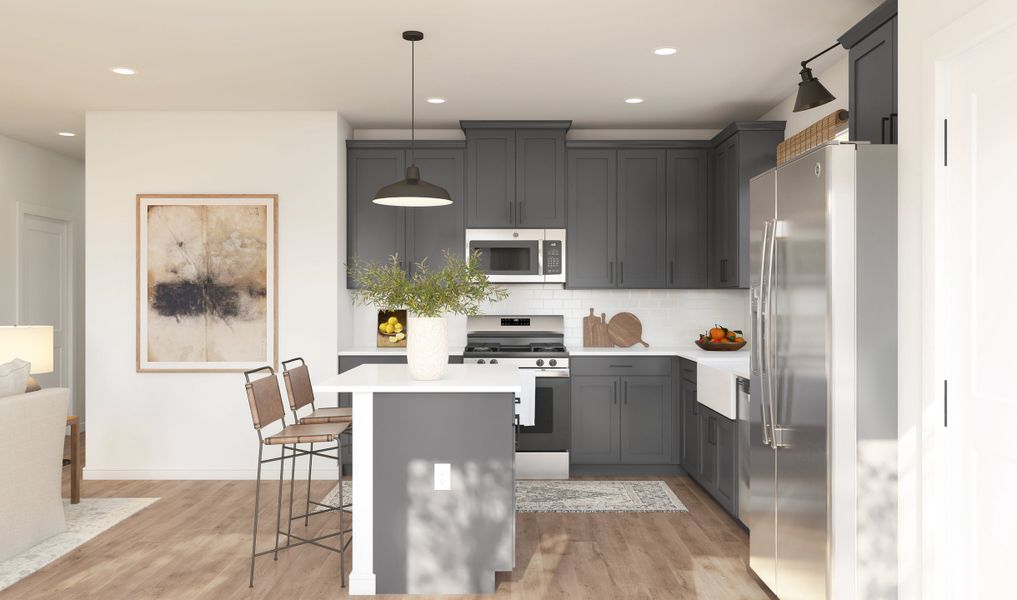 Kitchen with floating shelves and pendant lighting