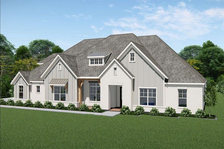 View of front of house featuring board and batten siding, roof with shingles, and a front lawn