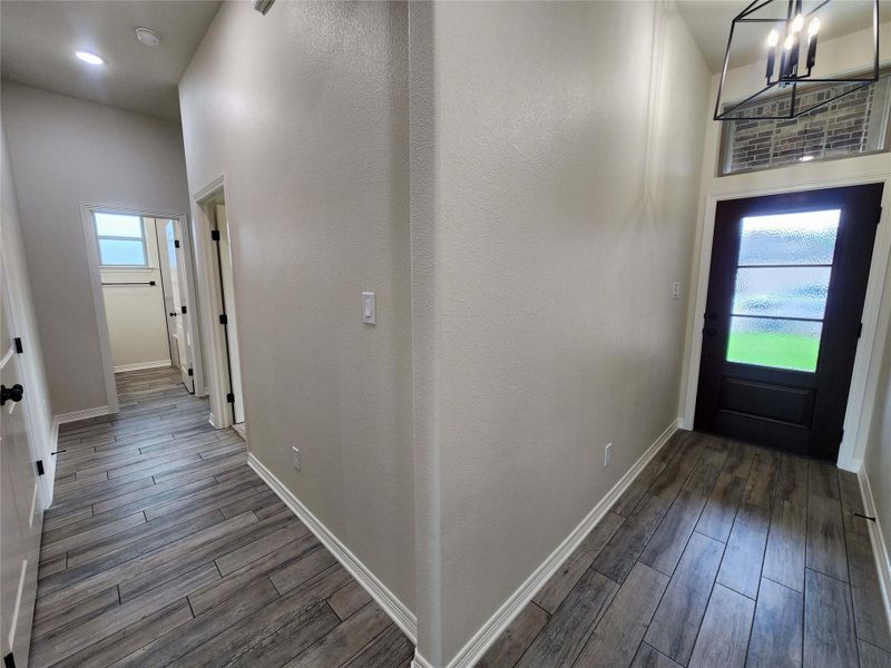 Entryway featuring wood-look tile flooring, a dark-paneled door with frosted glass inserts, and a geometric black metal chandelier
