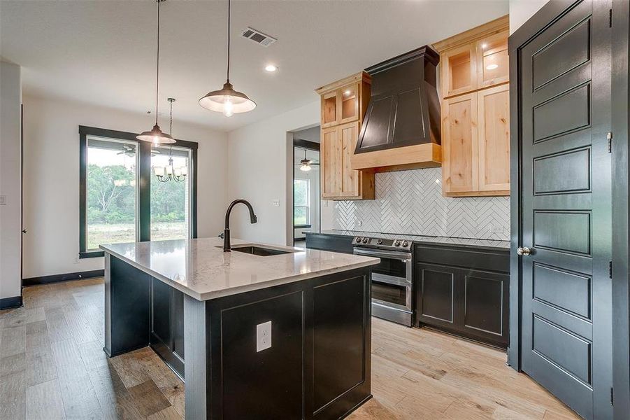 Kitchen with light hardwood / wood-style flooring, premium range hood, a kitchen island with sink, sink, and tasteful backsplash