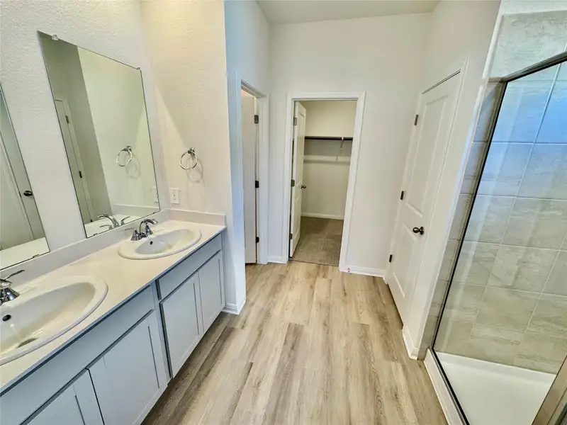 Bathroom with a walk in closet, double vanity, light wood-style flooring, and a tile shower