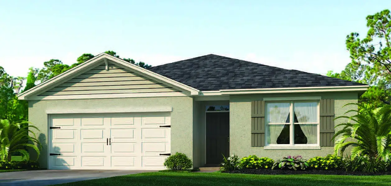 Front exterior of a new home in Cascades, Davenport, FL, highlighting curb appeal (Image 2).