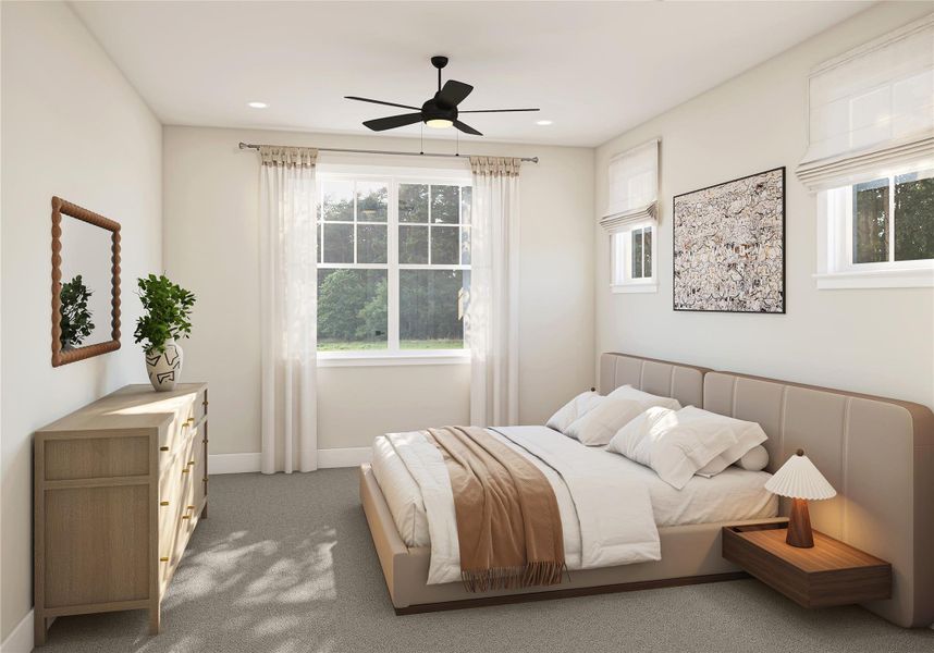 Bedroom with multiple windows, carpet flooring, and ceiling fan