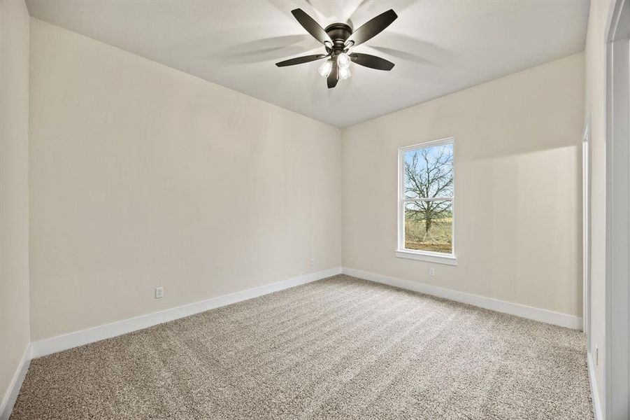 Empty room with light colored carpet and ceiling fan Empty room with light colored carpet and ceiling fan