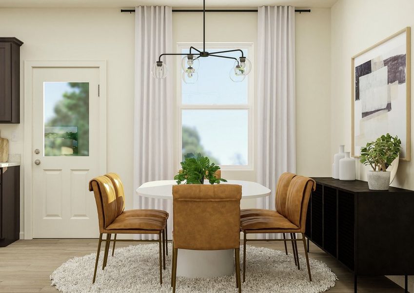 Rendering of the dining area featuring a
  table, chairs, and decorative furniture with a view of the kitchen to the
  left.