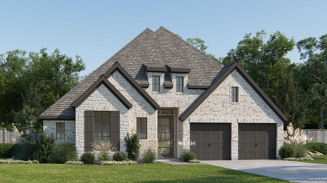 Front exterior of a new home in Veramendi 60', New Braunfels, TX, highlighting curb appeal (Image 26).