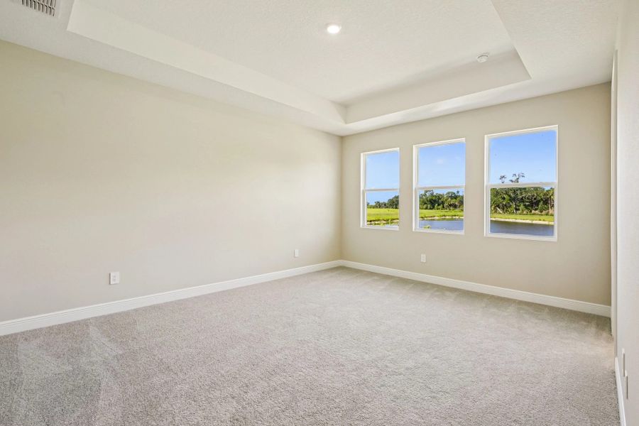 In the back of the home is primary suite featuring three large windows looking out at the pond view and a tray ceiling