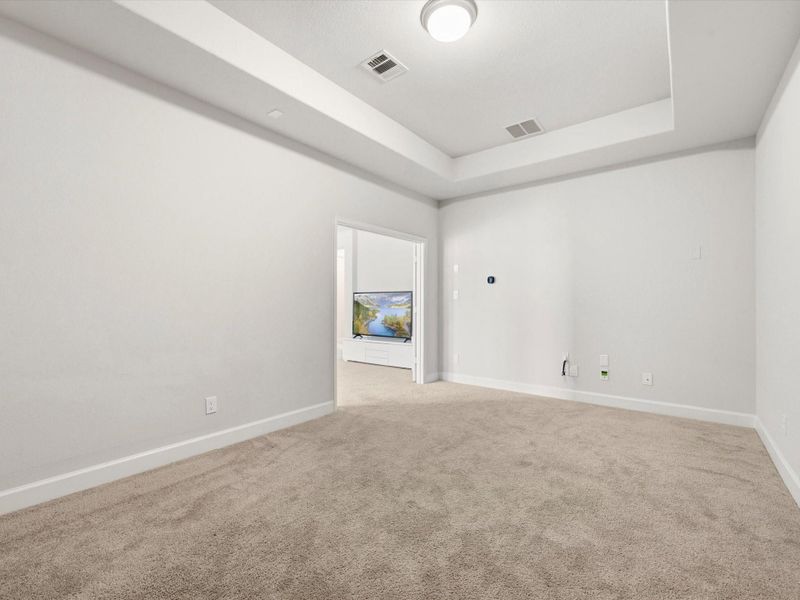 Large media room with tray ceiling. Theatre room or perhaps a work out room?