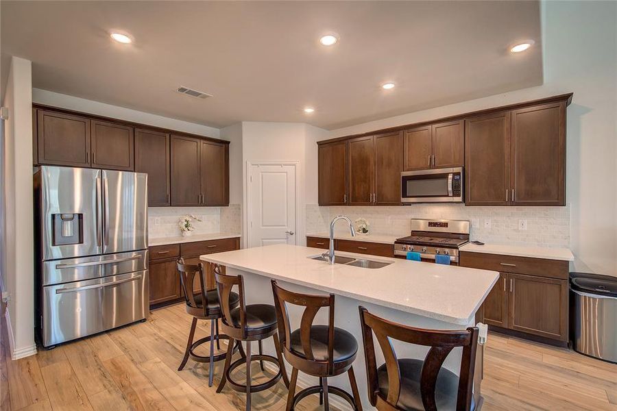 Kitchen with sink, decorative backsplash, light wood-type flooring, an island with sink, and stainless steel appliances