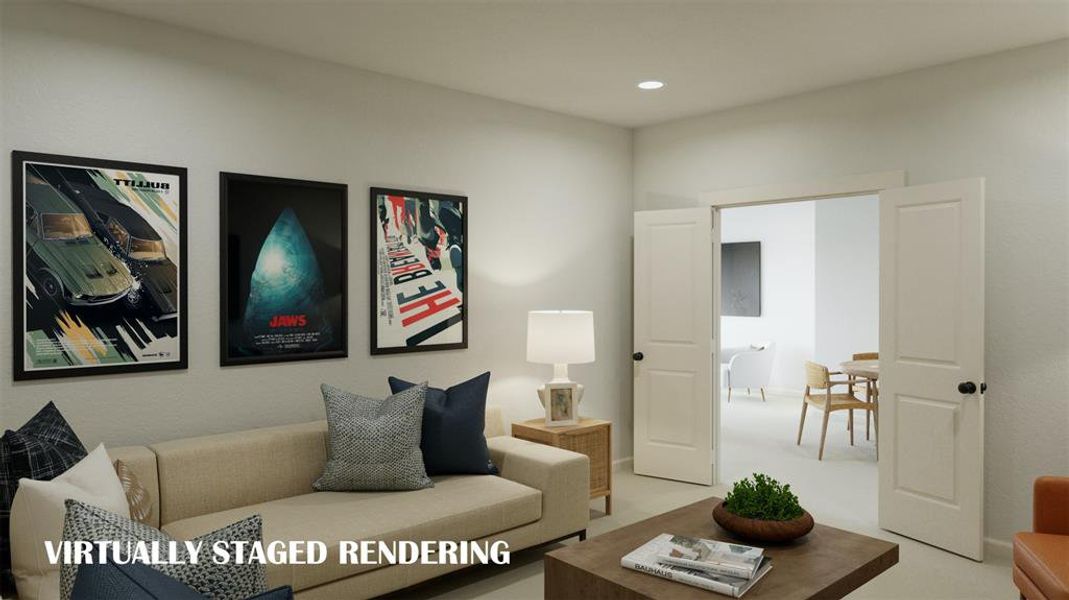 This fantastic media room is paired with a spacious game room to create the perfect entertaining space for family and friends!  VIRTUALLY STAGED RENDERING