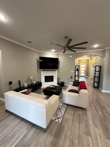 Living room featuring ornamental molding, light wood-type flooring, a fireplace, arched walkways, and recessed lighting