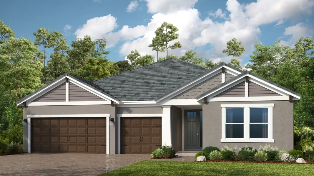 Front exterior of a new home in Hammock at Two Rivers, Zephyrhills, FL, highlighting curb appeal (Image 1). Front exterior of a new home in Hammock at Two Rivers, Zephyrhills, FL, highlighting curb appeal (Image 1).