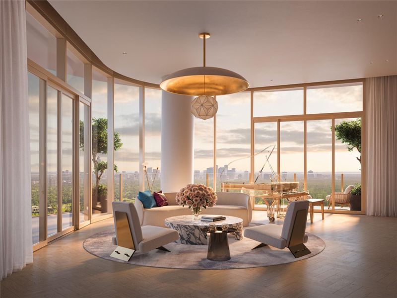Living spaces are graced with curved cove detailing, bespoke storage, and thoughtfully positioned art walls, while fluted accents and exposed columns add architectural distinction.