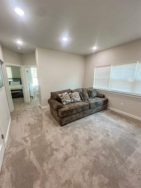 Living room with light colored carpet and recessed lighting