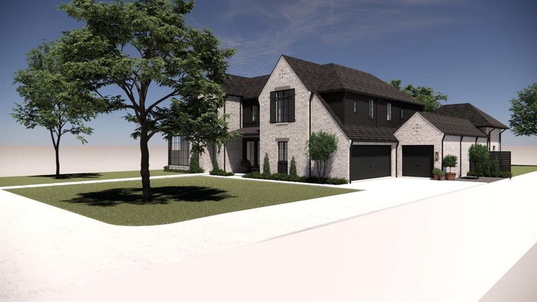 Rendering - front elevation with mature oak trees and 3 car garage