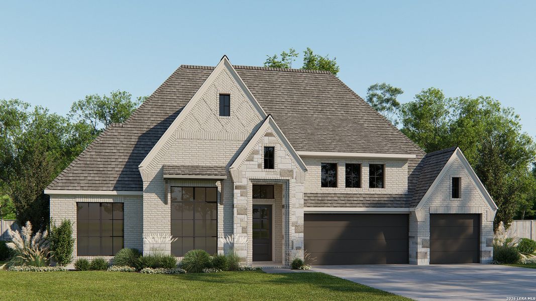 Front exterior of a new home in Kinder Ranch, San Antonio, TX, highlighting curb appeal (Image 1). Front exterior of a new home in Kinder Ranch, San Antonio, TX, highlighting curb appeal (Image 1).