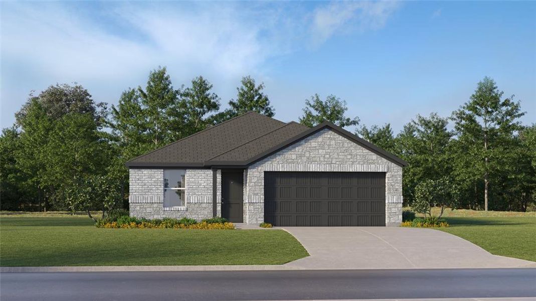 View of front of home featuring stone siding, a front yard, driveway, and an attached garage