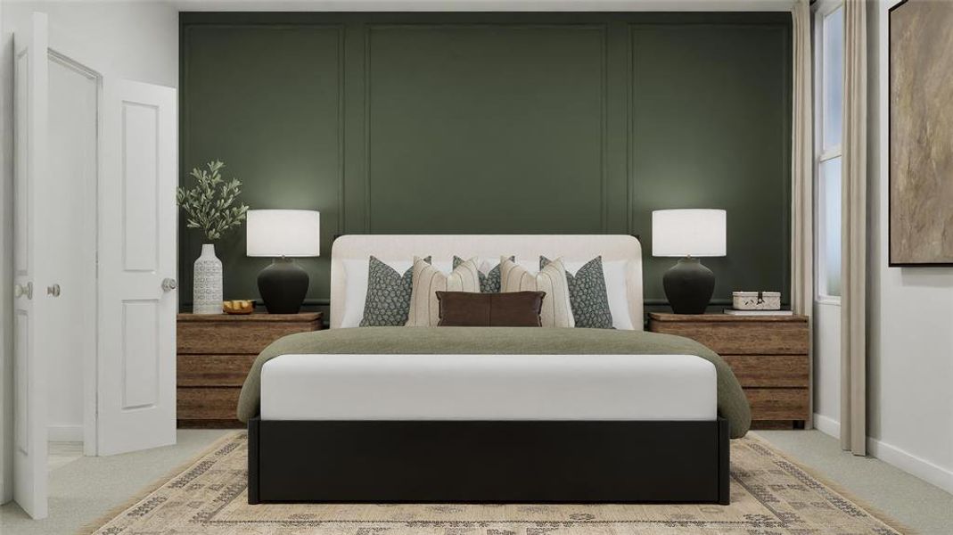 Carpeted bedroom featuring a decorative wall Carpeted bedroom featuring a decorative wall