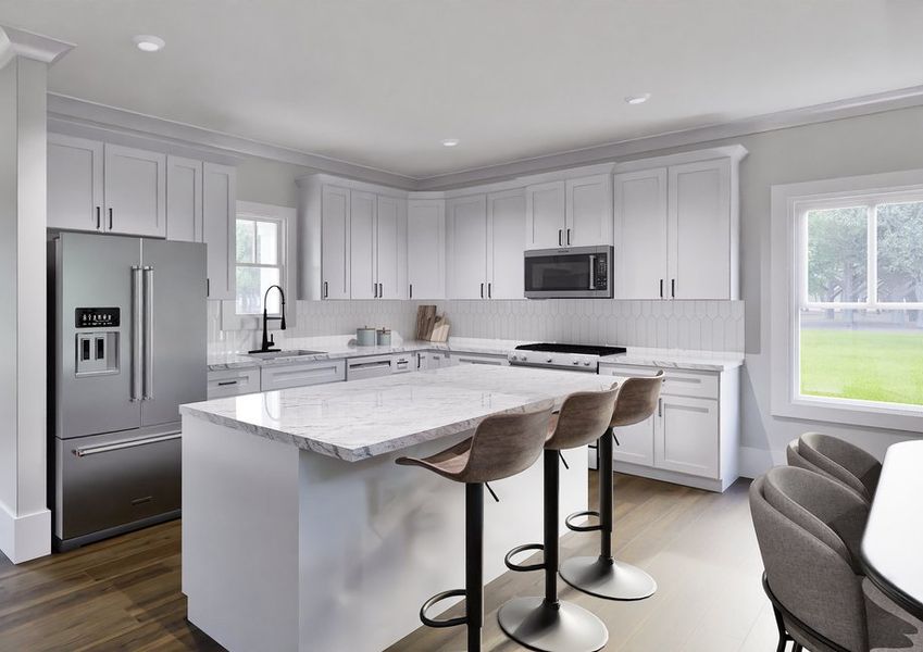 Bright kitchen with white cabinetry, granite countertops, stainless steel appliances, and island with barstool seating.