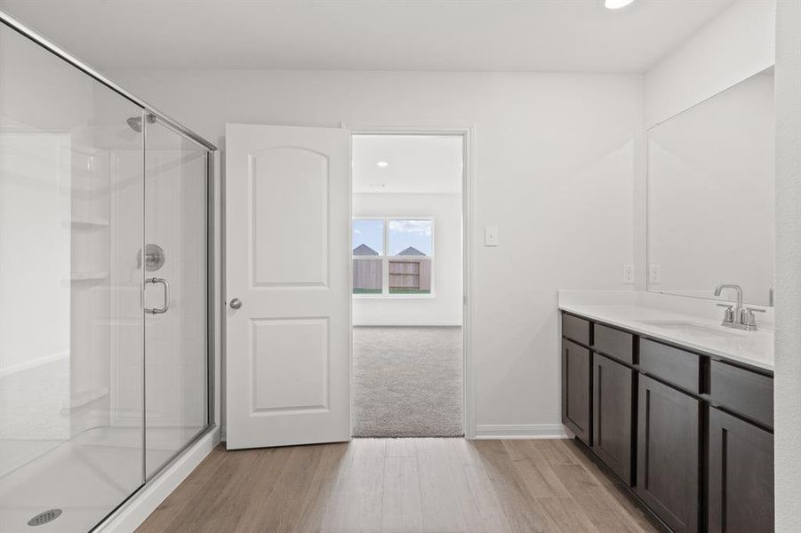 Bathroom featuring vanity, hardwood / wood-style flooring, and an enclosed shower