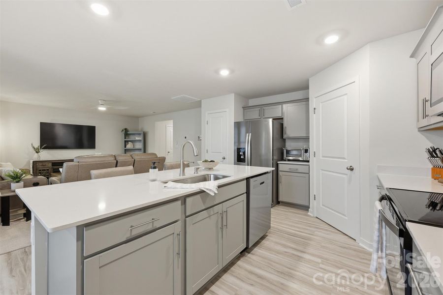 kitchen quartz counter tops, walk-in pantry with wooden shelves, fridge conveys