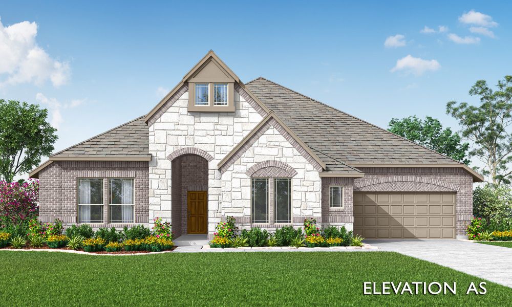 Single-story home with stone and brick exterior, arched entry, dormer window, and two-car garage
